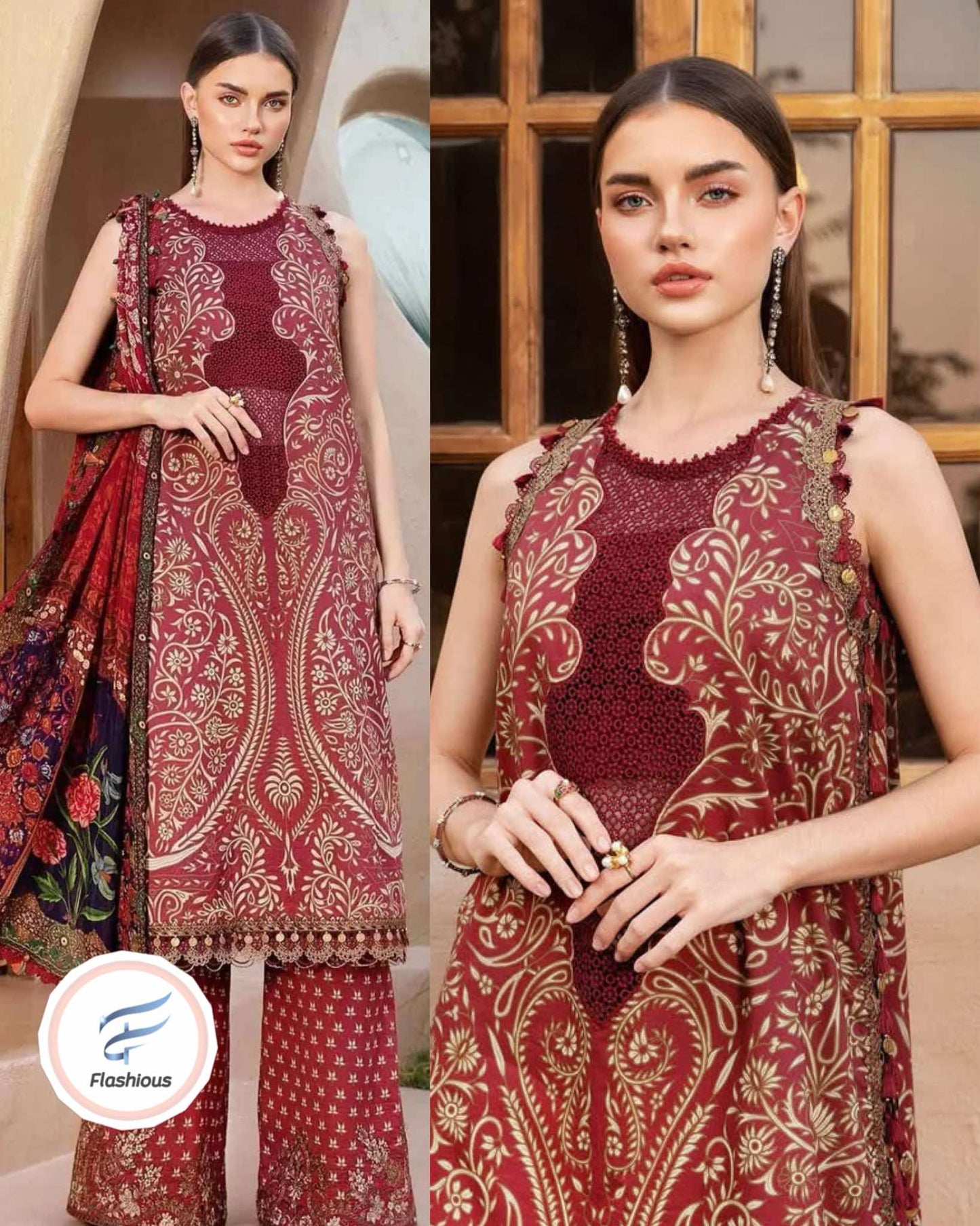 Beautiful print maroon lawn suit