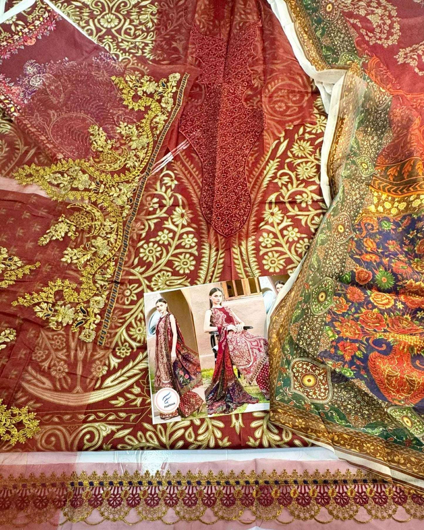Beautiful print maroon lawn suit