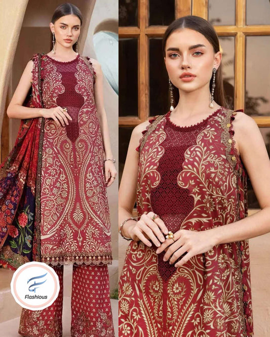 Beautiful print maroon lawn suit
