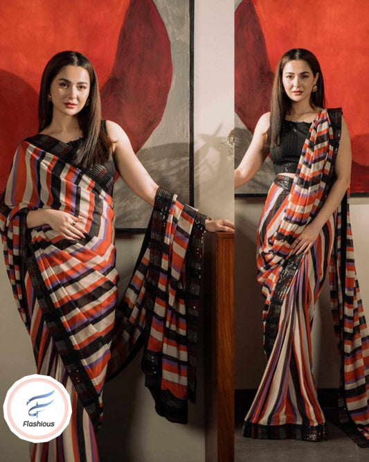 Hania Amir stripped Printed Saree