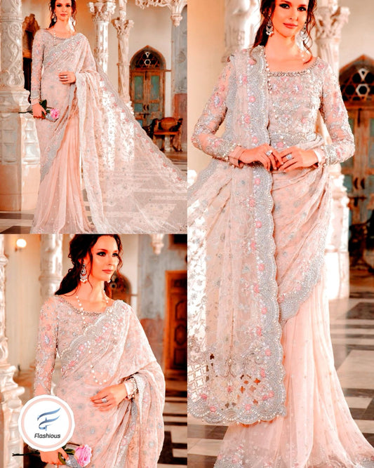 Pale peach Beautiful saree unstitch