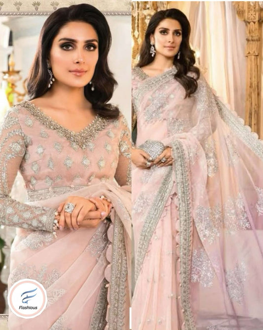 Lilac Pink Saree with silver work UNSTICH