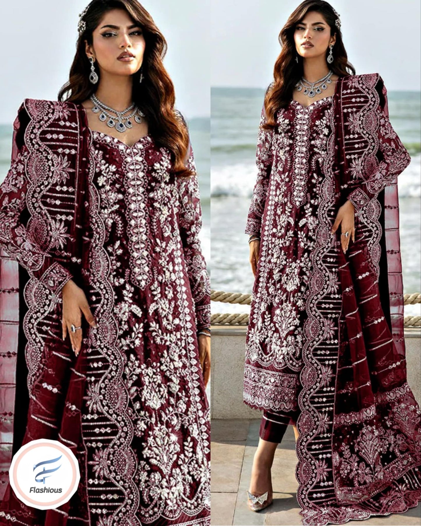 Izar Maroon Gorgeous Net Handmade suit