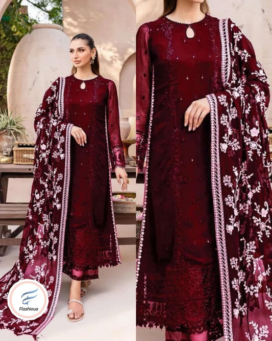 Azure Maroon chiffon embroidered suit